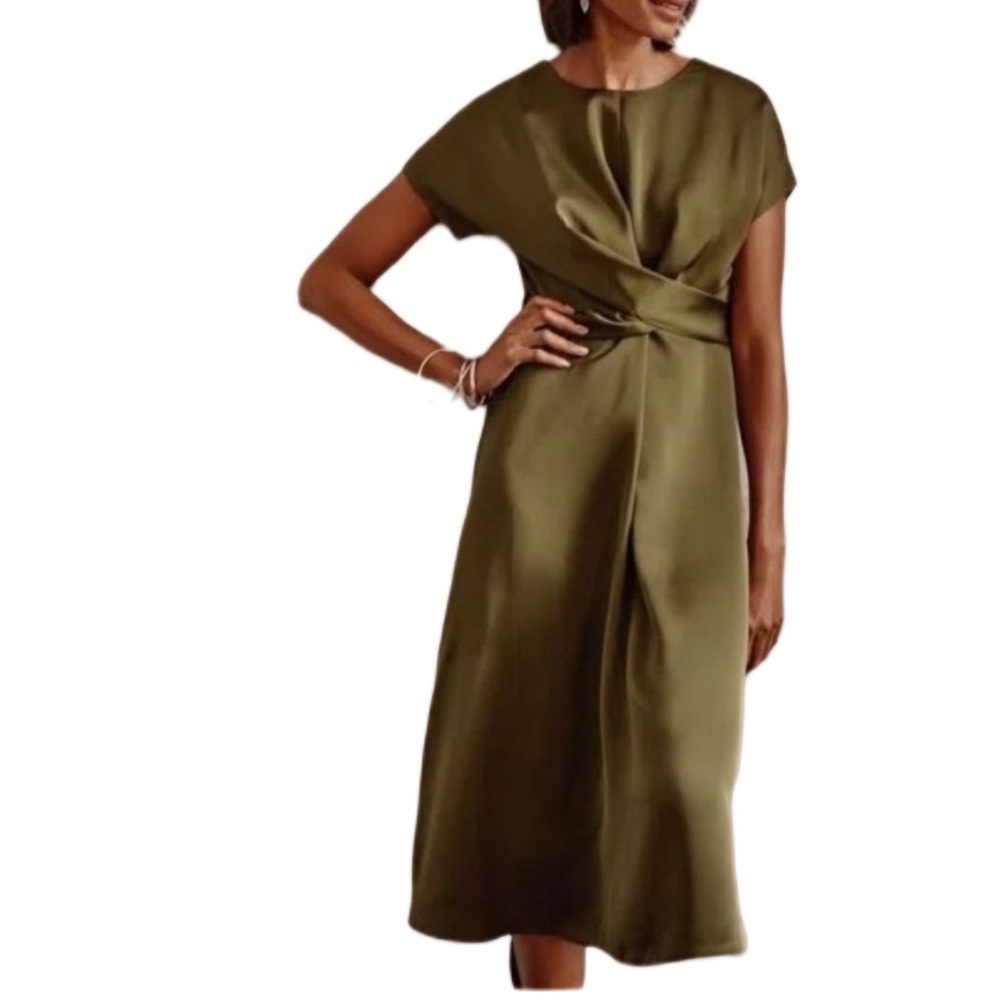 NWT J. Jill Wearever Collection Satin Wrap Twist Waist Olive Dress XL